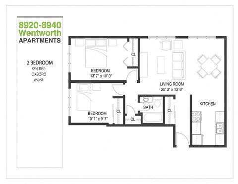 Floor plan for 2 beds, 1 bath, 850 sqft